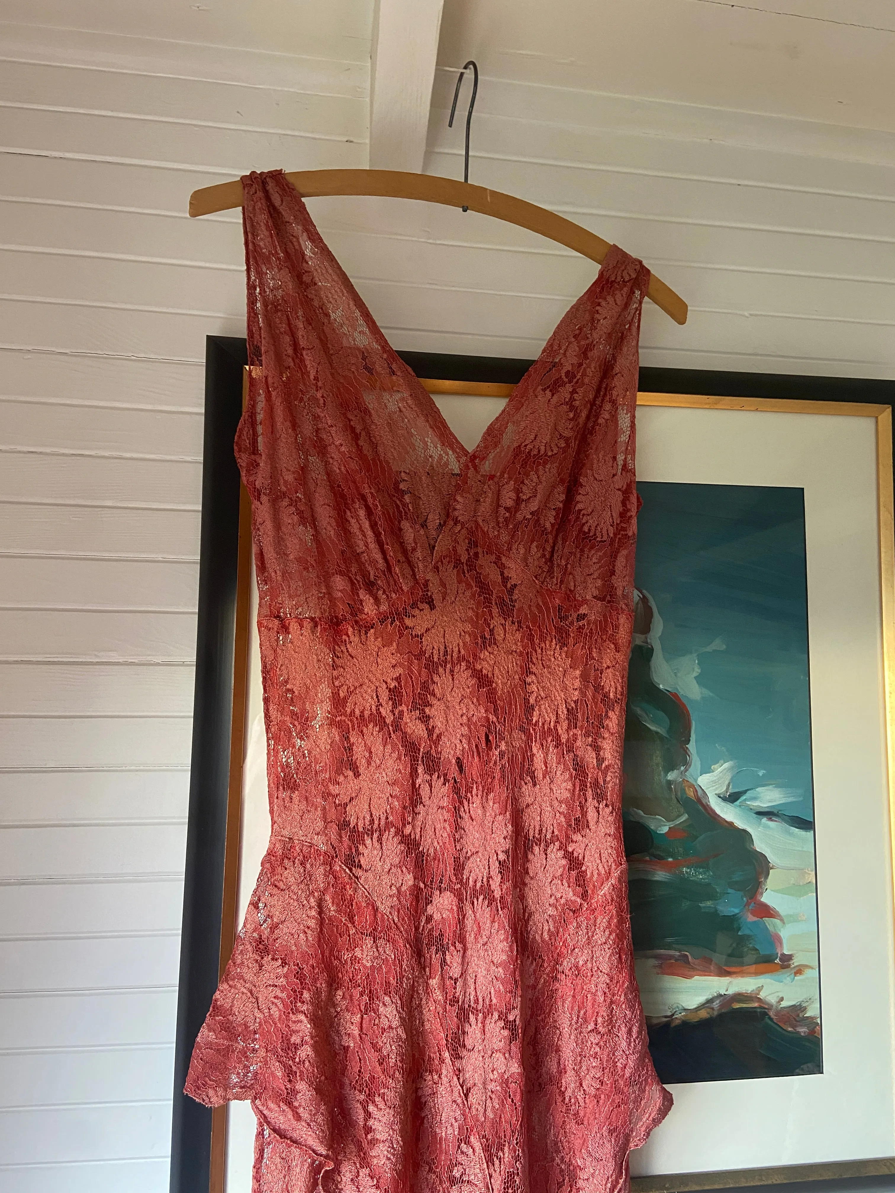 1930s Coral Bias Cut Lace Dress