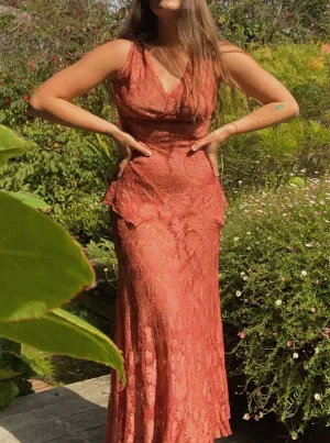 1930s Coral Bias Cut Lace Dress