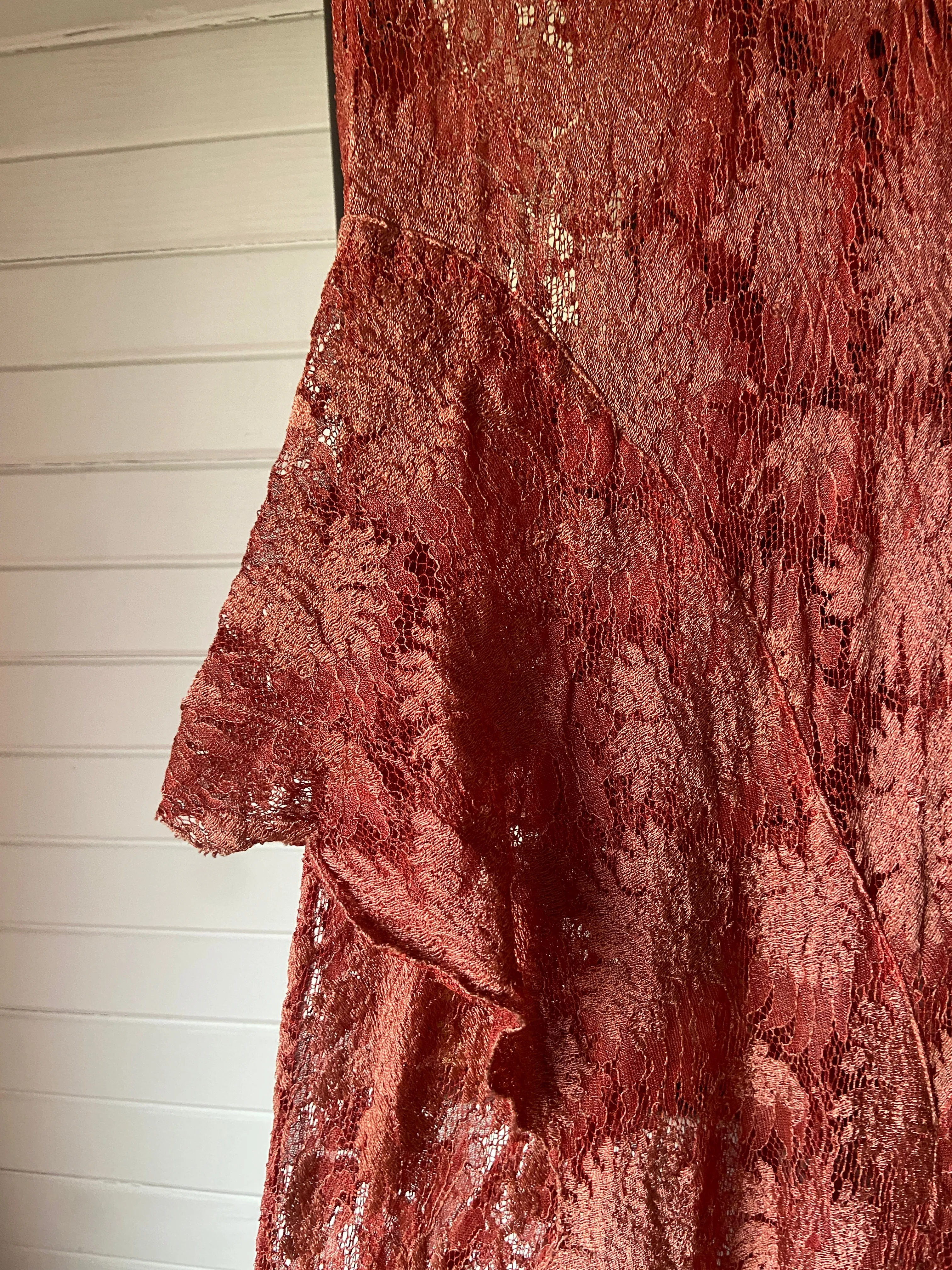 1930s Coral Bias Cut Lace Dress