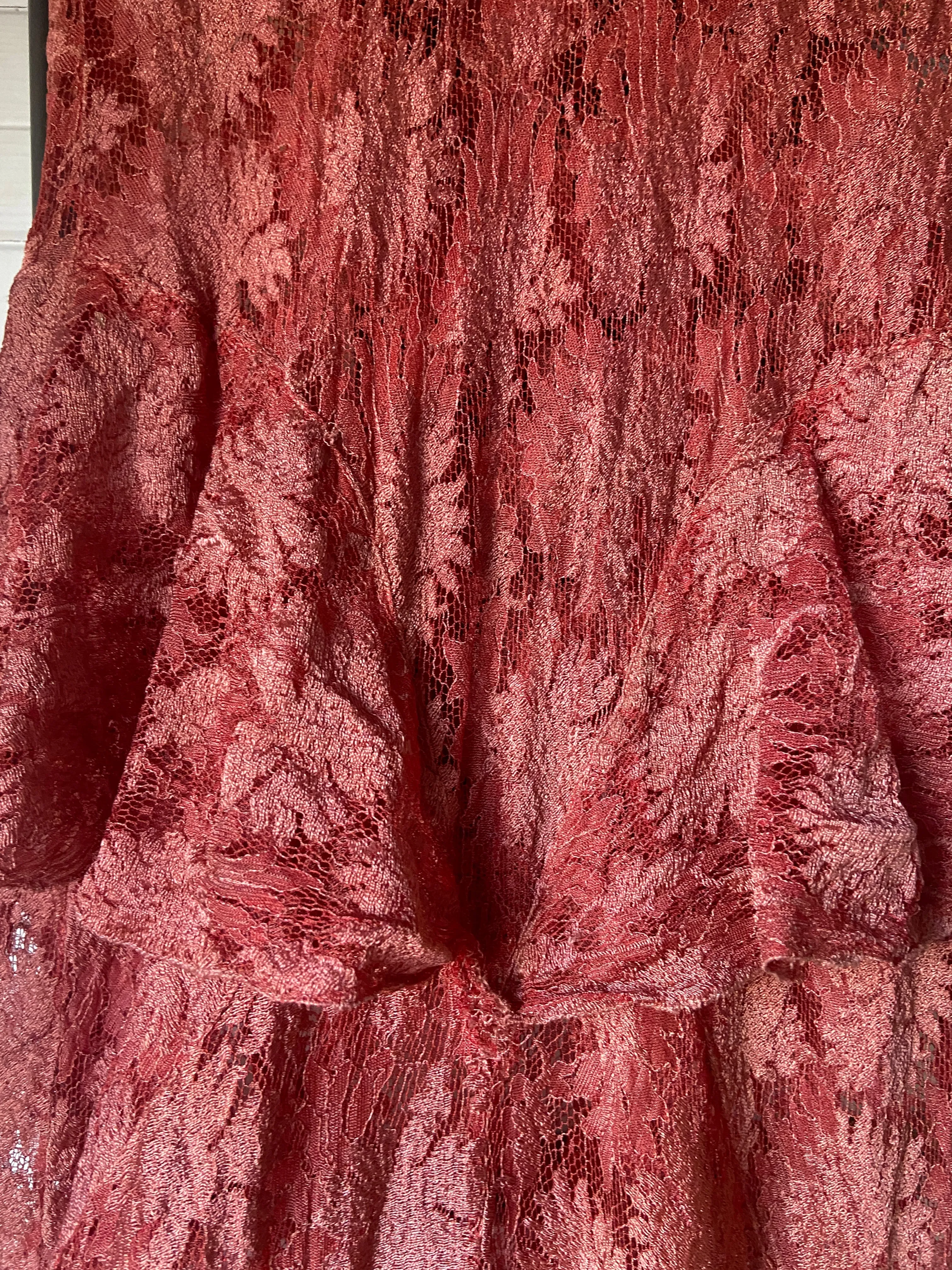 1930s Coral Bias Cut Lace Dress