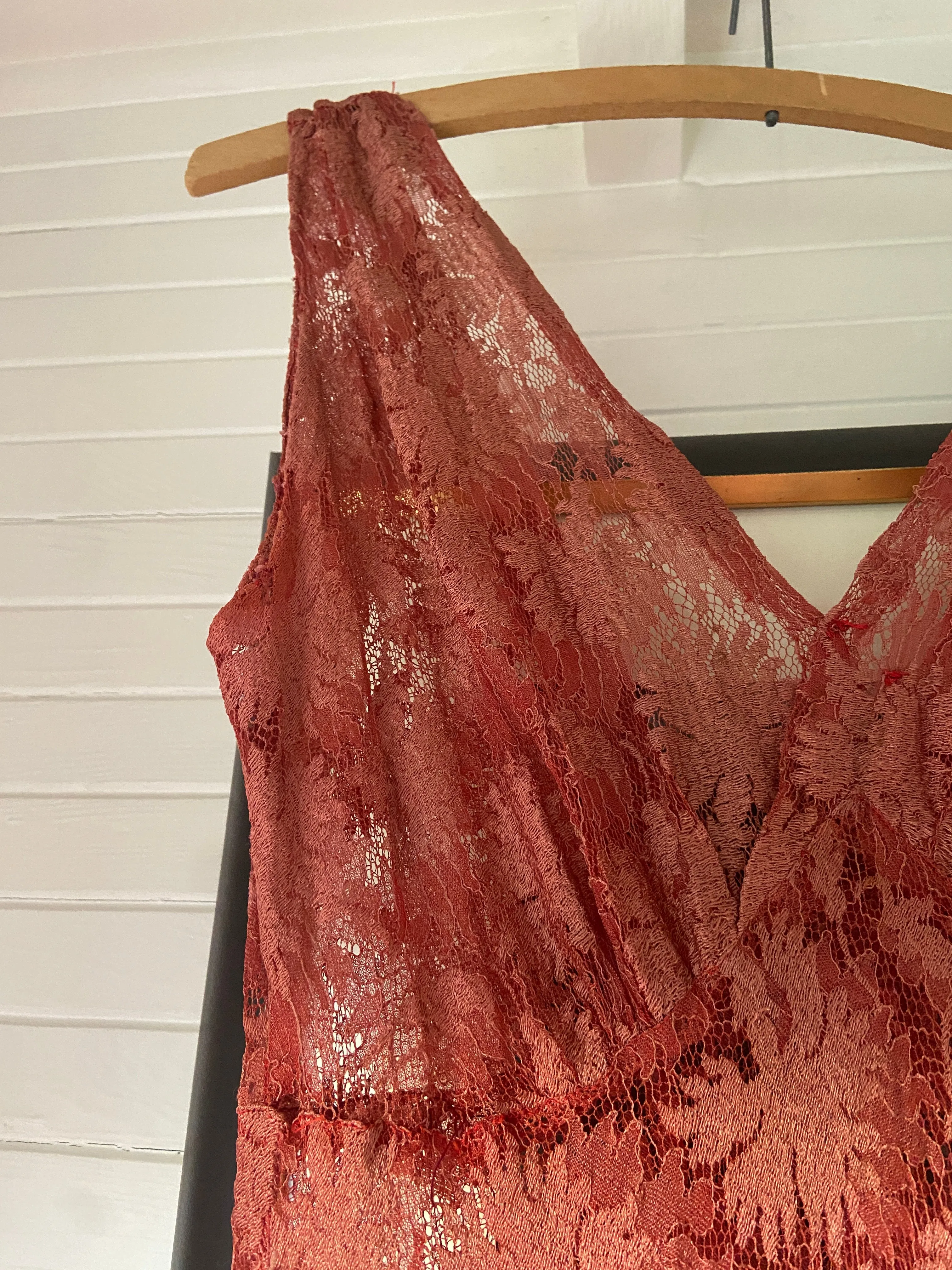 1930s Coral Bias Cut Lace Dress