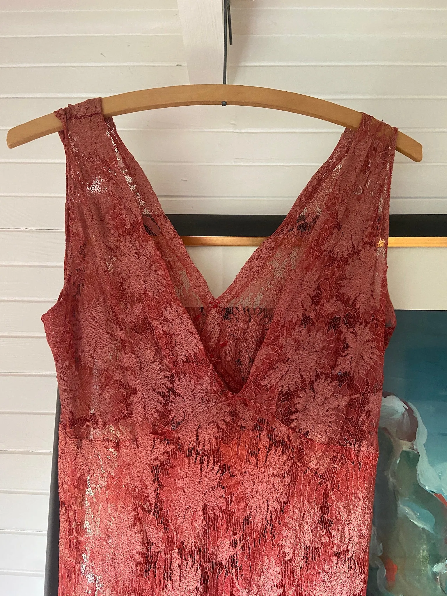 1930s Coral Bias Cut Lace Dress