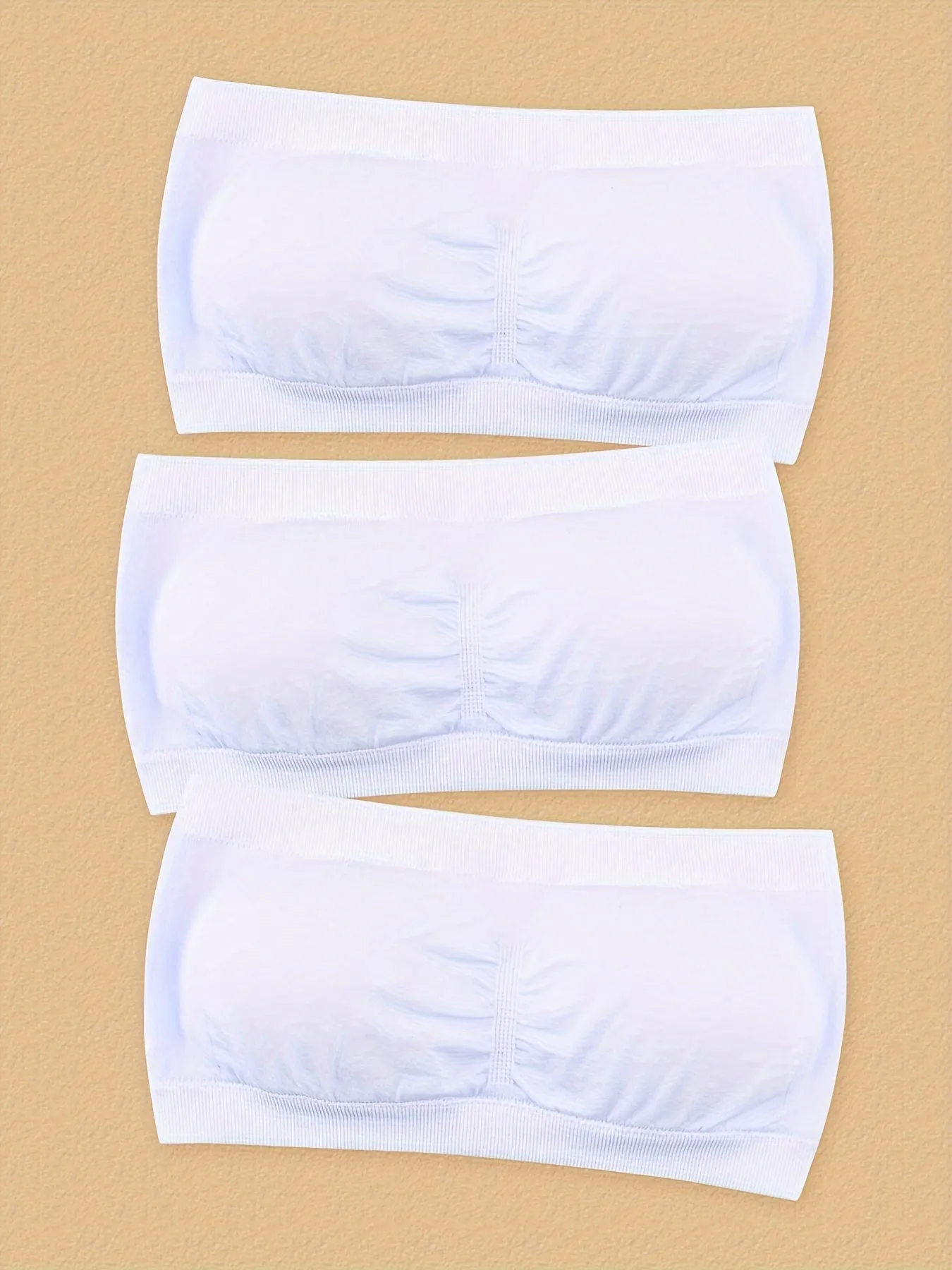 3pcs Plus Size Simple Wireless Bandeau Bra - Soft High Stretch Nylon Fabric, Removable Pads, Collarless, Non-Slip Double Layer, Hand Washable, Comfortable Lash Sets for Women