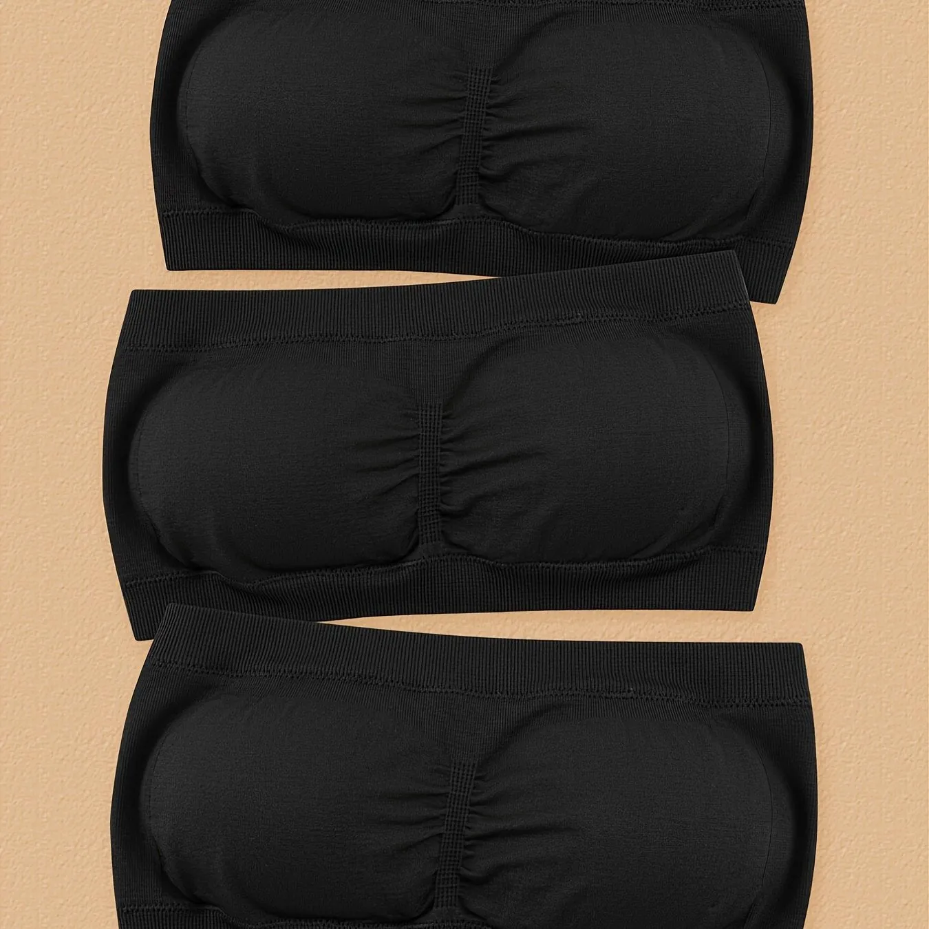 3pcs Plus Size Simple Wireless Bandeau Bra - Soft High Stretch Nylon Fabric, Removable Pads, Collarless, Non-Slip Double Layer, Hand Washable, Comfortable Lash Sets for Women