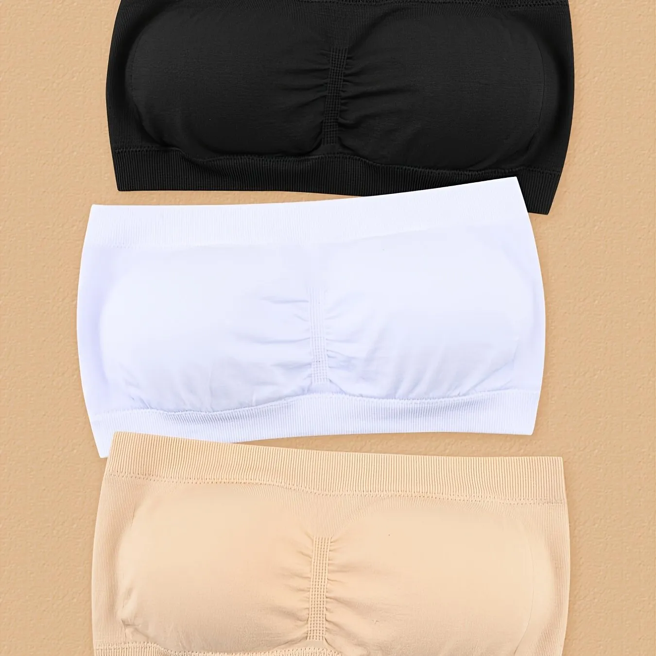 3pcs Plus Size Simple Wireless Bandeau Bra - Soft High Stretch Nylon Fabric, Removable Pads, Collarless, Non-Slip Double Layer, Hand Washable, Comfortable Lash Sets for Women