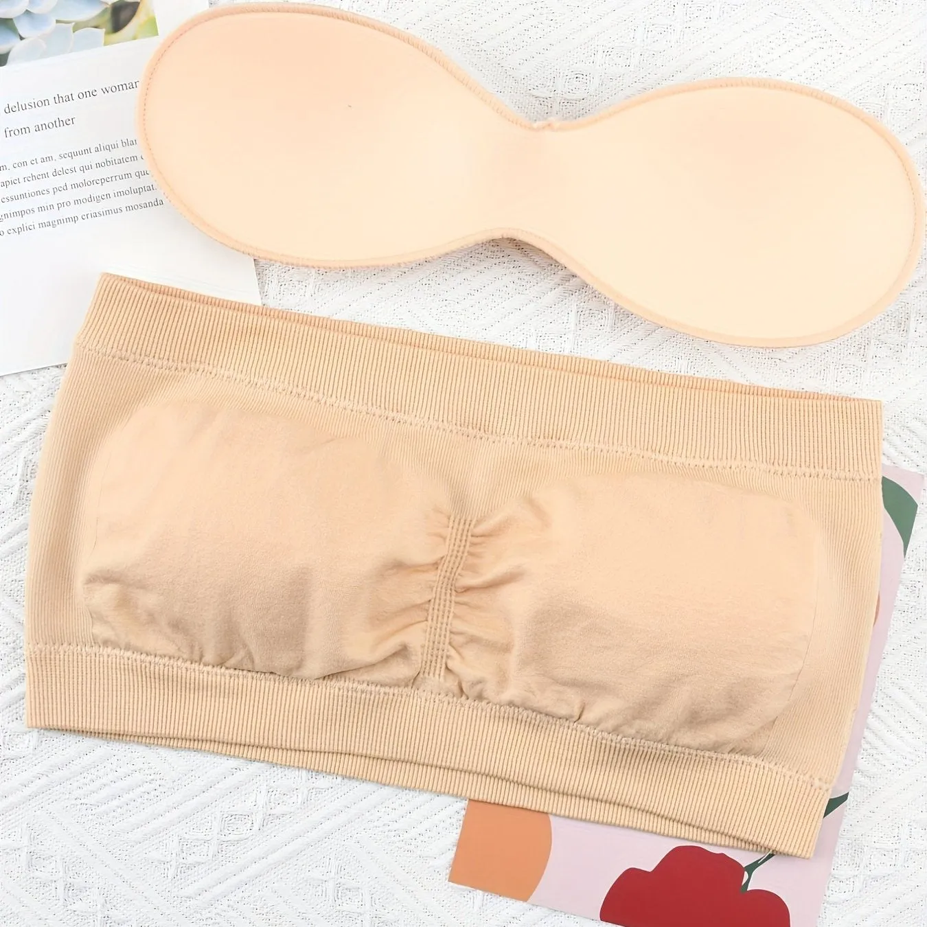 3pcs Plus Size Simple Wireless Bandeau Bra - Soft High Stretch Nylon Fabric, Removable Pads, Collarless, Non-Slip Double Layer, Hand Washable, Comfortable Lash Sets for Women
