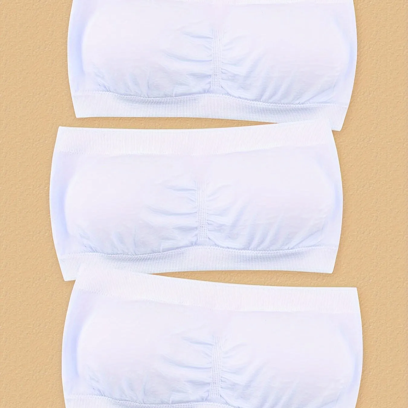 3pcs Plus Size Simple Wireless Bandeau Bra - Soft High Stretch Nylon Fabric, Removable Pads, Collarless, Non-Slip Double Layer, Hand Washable, Comfortable Lash Sets for Women