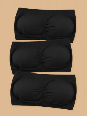 3pcs Plus Size Simple Wireless Bandeau Bra - Soft High Stretch Nylon Fabric, Removable Pads, Collarless, Non-Slip Double Layer, Hand Washable, Comfortable Lash Sets for Women