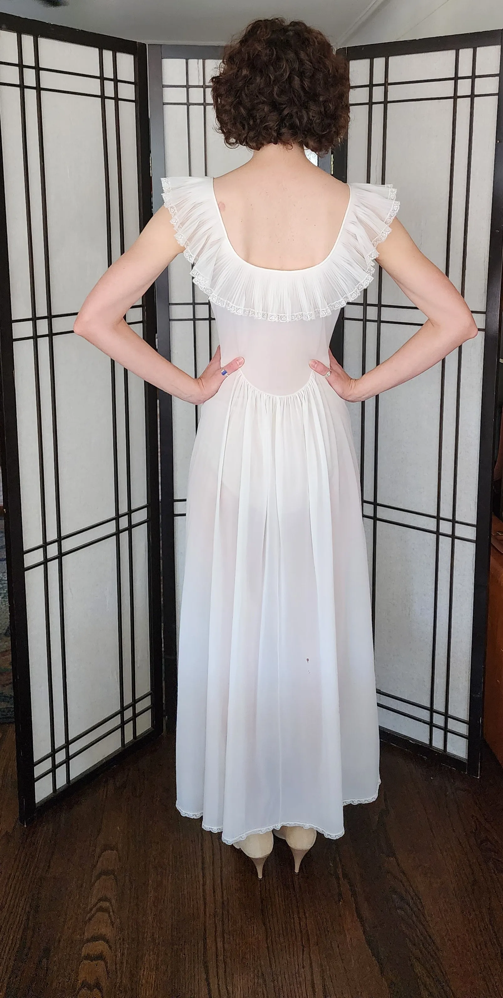 40s White Nylon Night Dress Long Slip Ruffled Collar AS IS