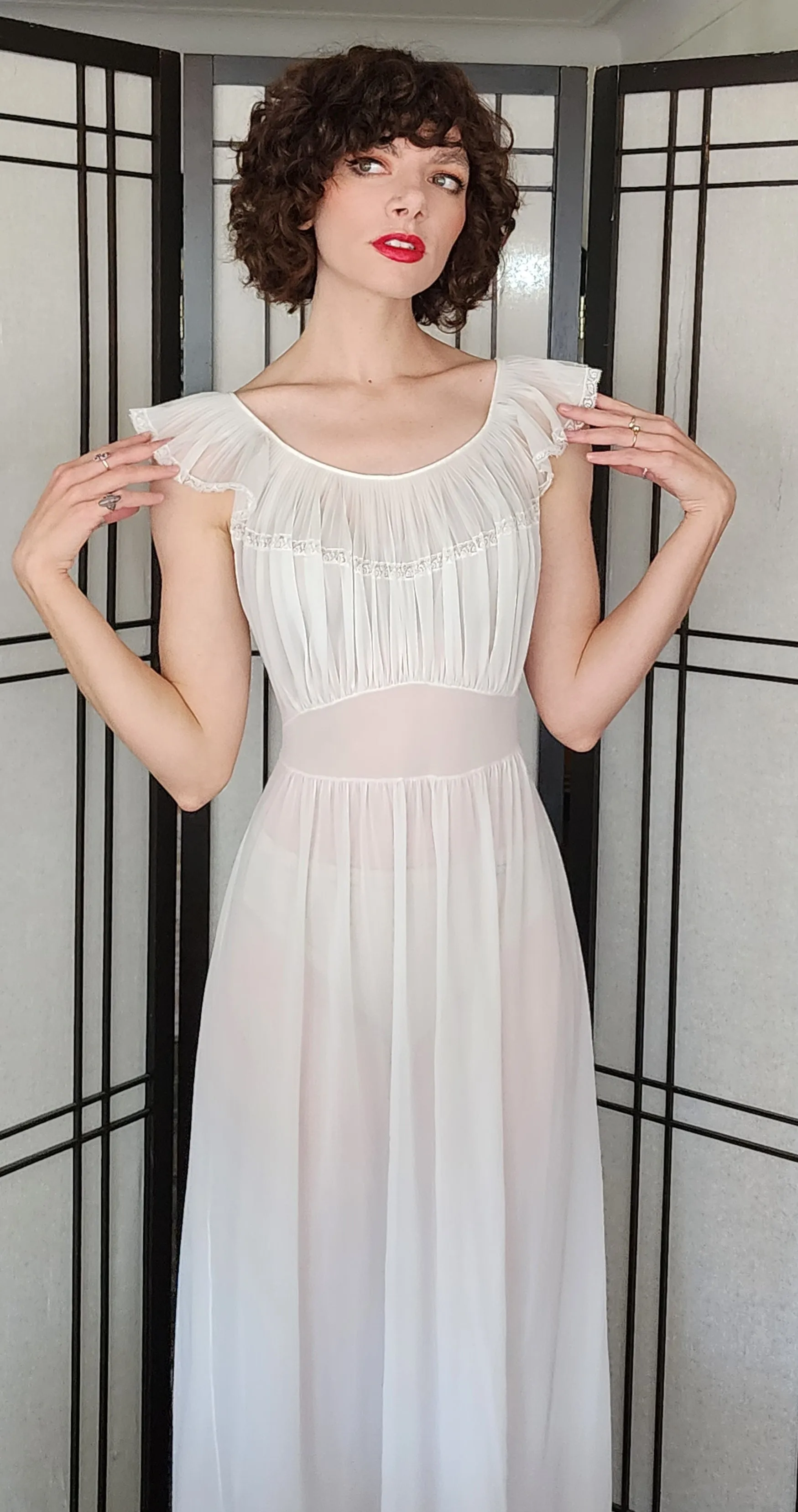 40s White Nylon Night Dress Long Slip Ruffled Collar AS IS