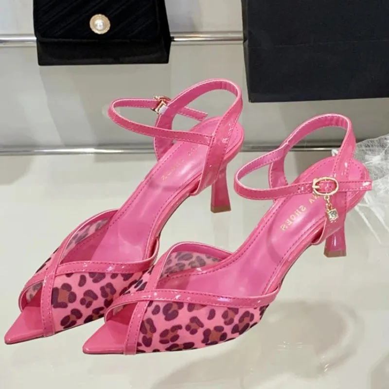 ADVBRIDGE  -  Fashion Leopard Print Thin High Heeled Shoes Woman Pointed Toe Buckle Shallow Women Sandals Summer Sexy Open Toe Party Shoes
