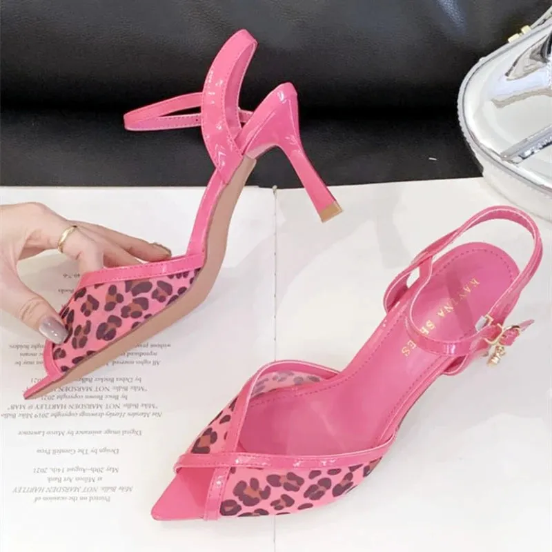 ADVBRIDGE  -  Fashion Leopard Print Thin High Heeled Shoes Woman Pointed Toe Buckle Shallow Women Sandals Summer Sexy Open Toe Party Shoes