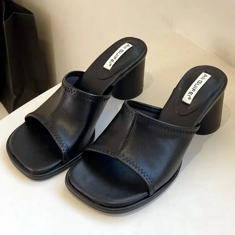 ADVBRIDGE  -  Fashion Square Toe Zebra Print Slide Sandals Shallow Chunky Heel Open Toe High Heels Summer Comfortable Non-slip Women Sandals