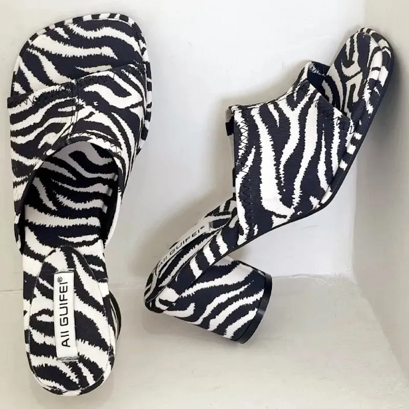 ADVBRIDGE  -  Fashion Square Toe Zebra Print Slide Sandals Shallow Chunky Heel Open Toe High Heels Summer Comfortable Non-slip Women Sandals