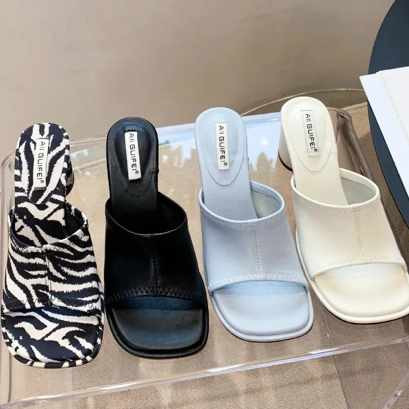 ADVBRIDGE  -  Fashion Square Toe Zebra Print Slide Sandals Shallow Chunky Heel Open Toe High Heels Summer Comfortable Non-slip Women Sandals