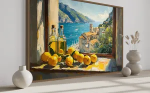 Amalfi Coast Window View With Lemons And Olive Wall Art For Dining Room Decor