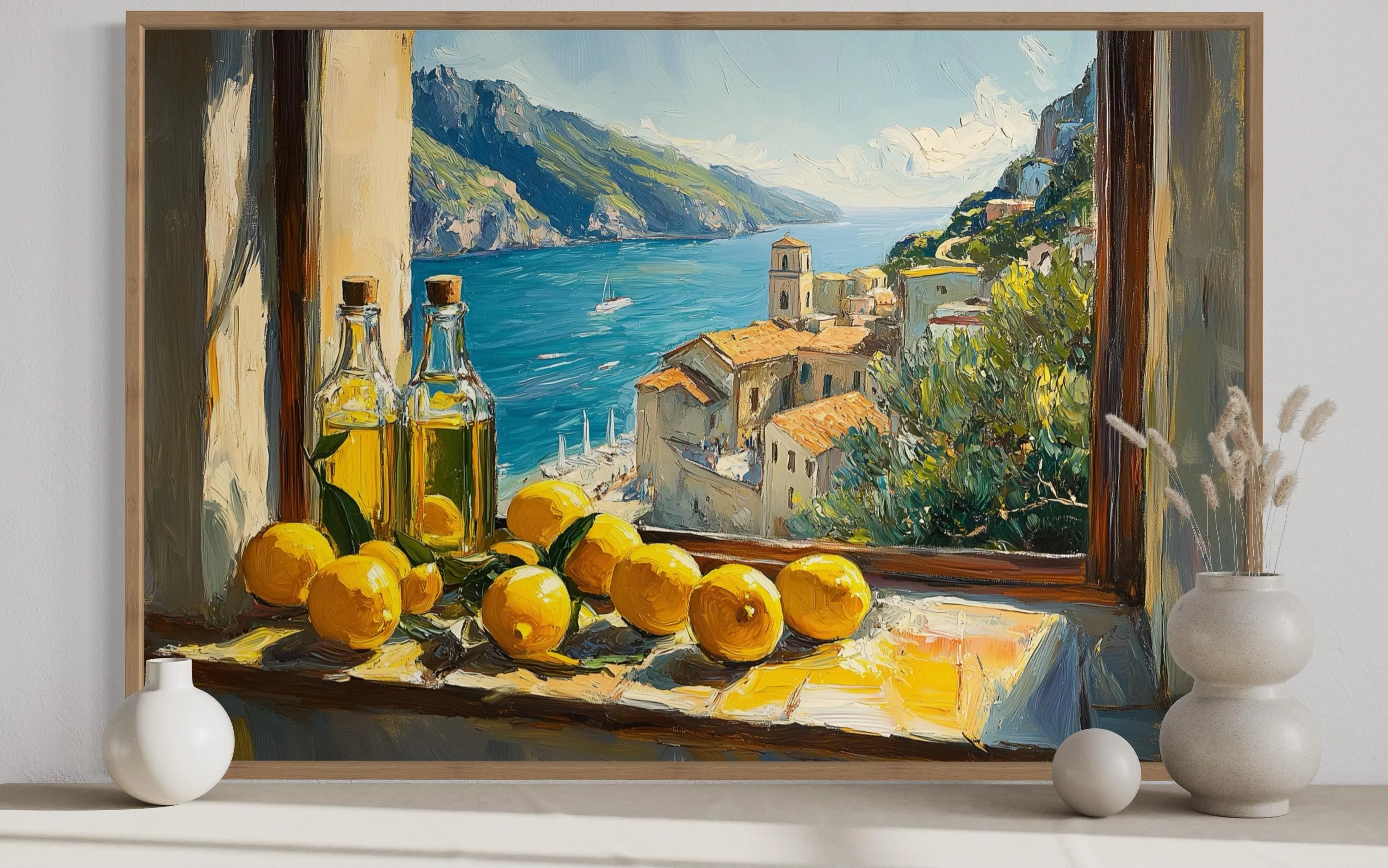 Amalfi Coast Window View With Lemons And Olive Wall Art For Dining Room Decor