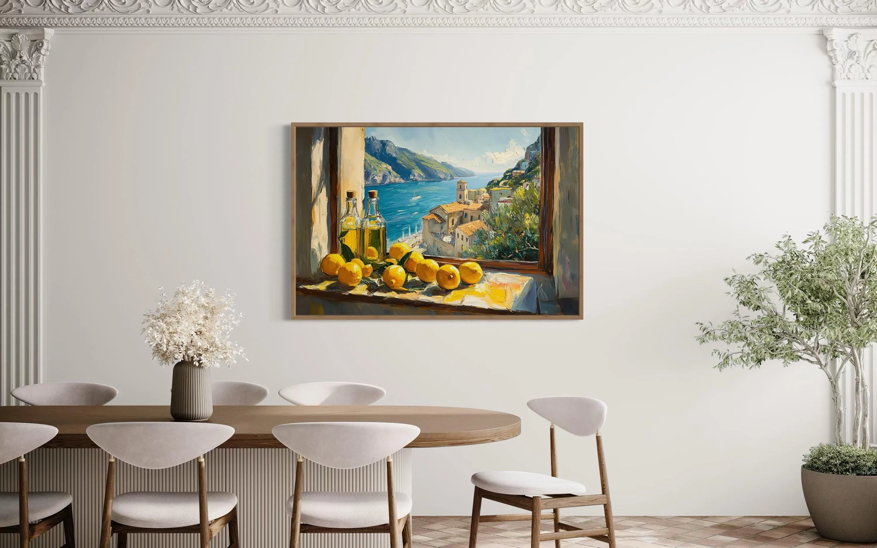 Amalfi Coast Window View With Lemons And Olive Wall Art For Dining Room Decor
