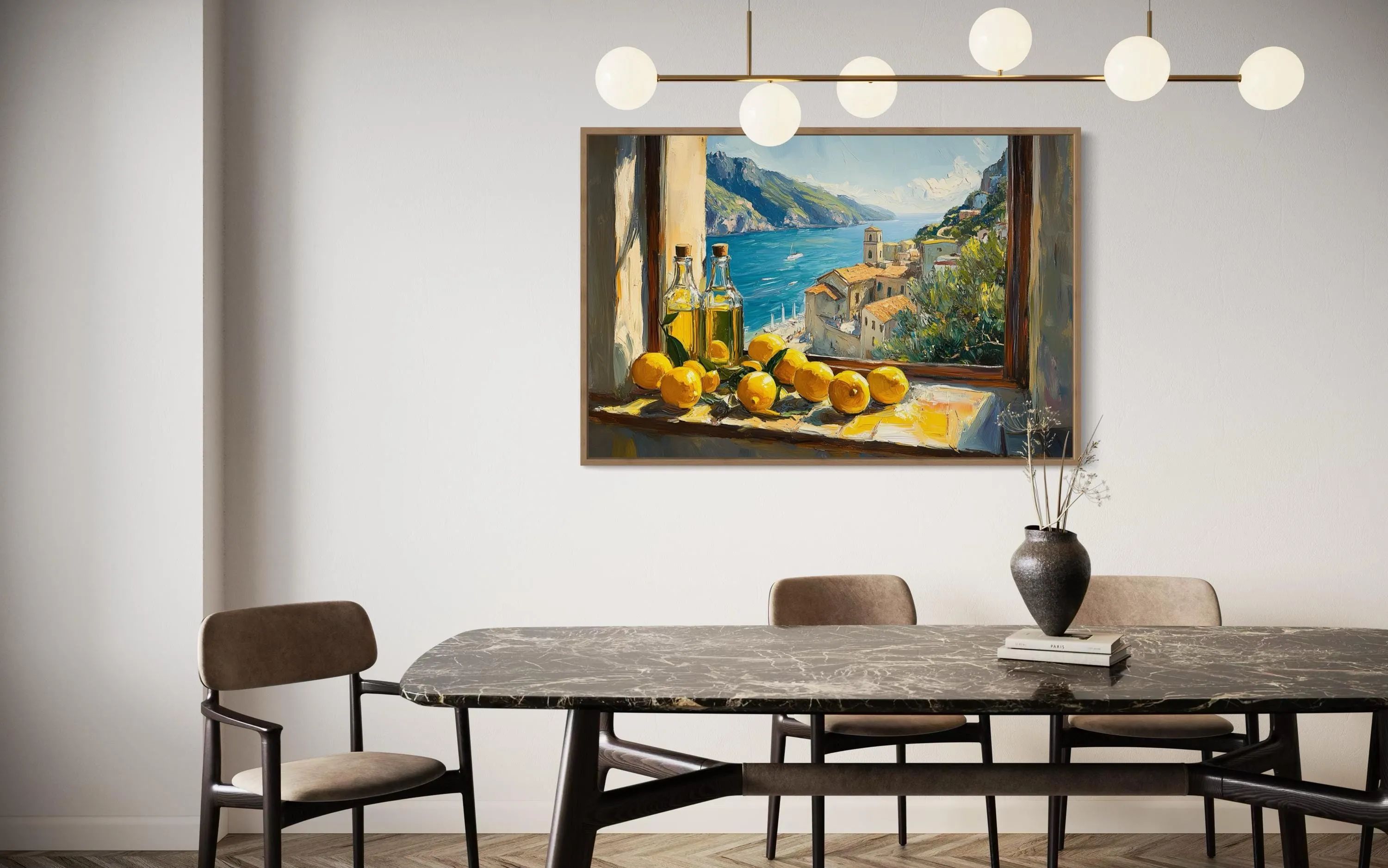 Amalfi Coast Window View With Lemons And Olive Wall Art For Dining Room Decor