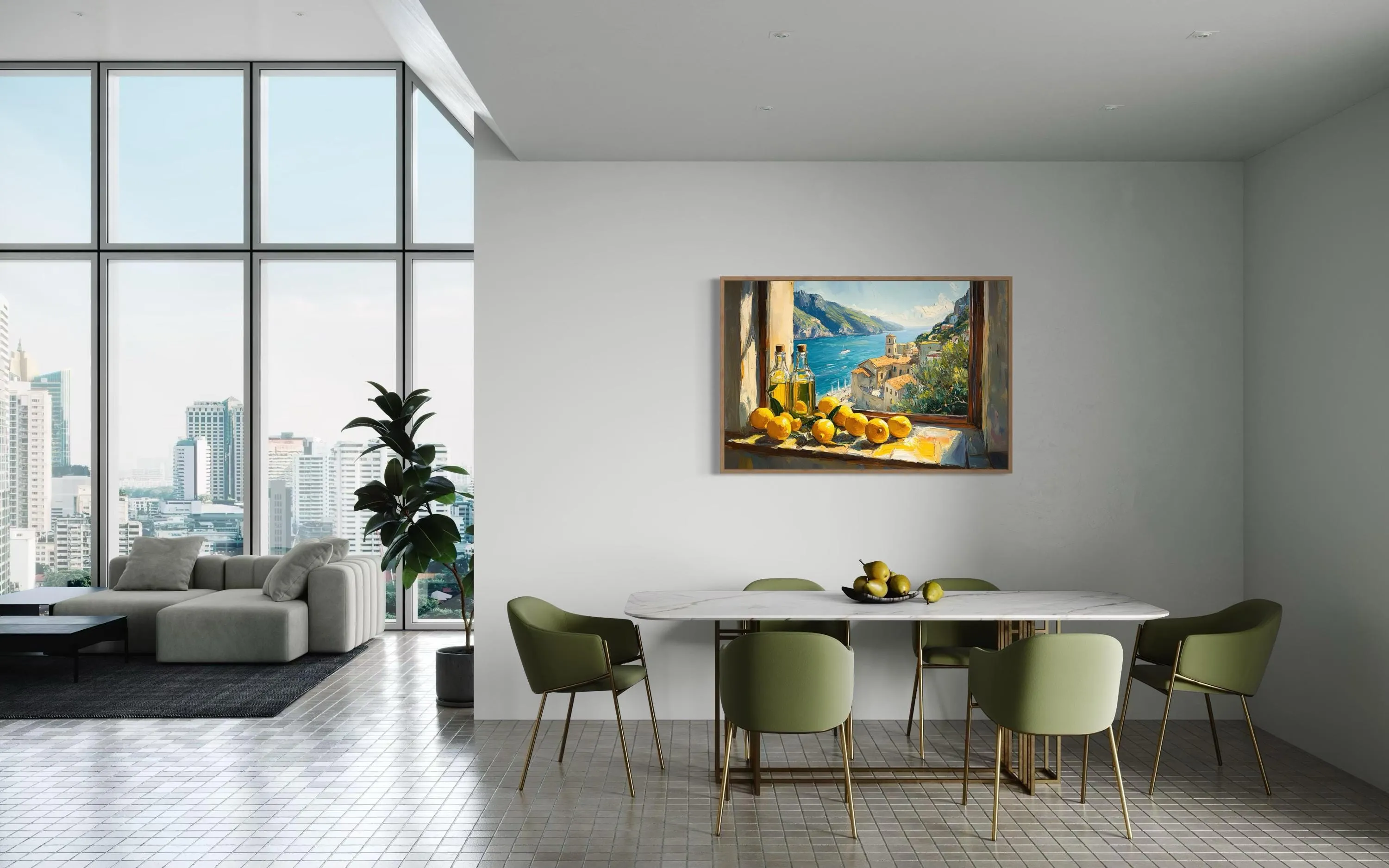 Amalfi Coast Window View With Lemons And Olive Wall Art For Dining Room Decor