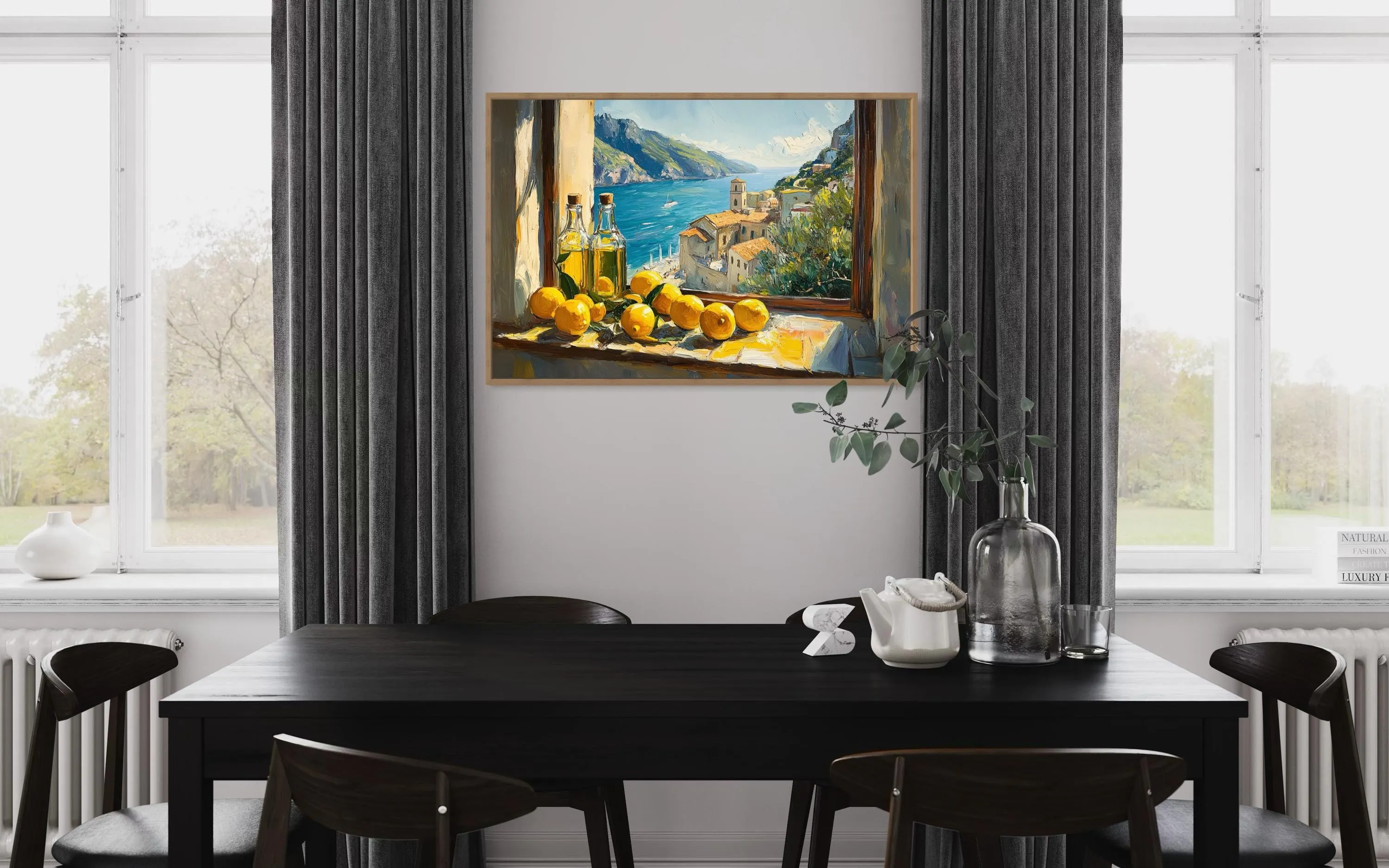 Amalfi Coast Window View With Lemons And Olive Wall Art For Dining Room Decor