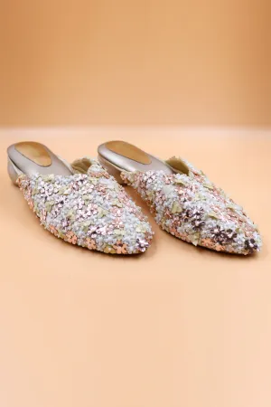 Beige Floral Thread Work Mules