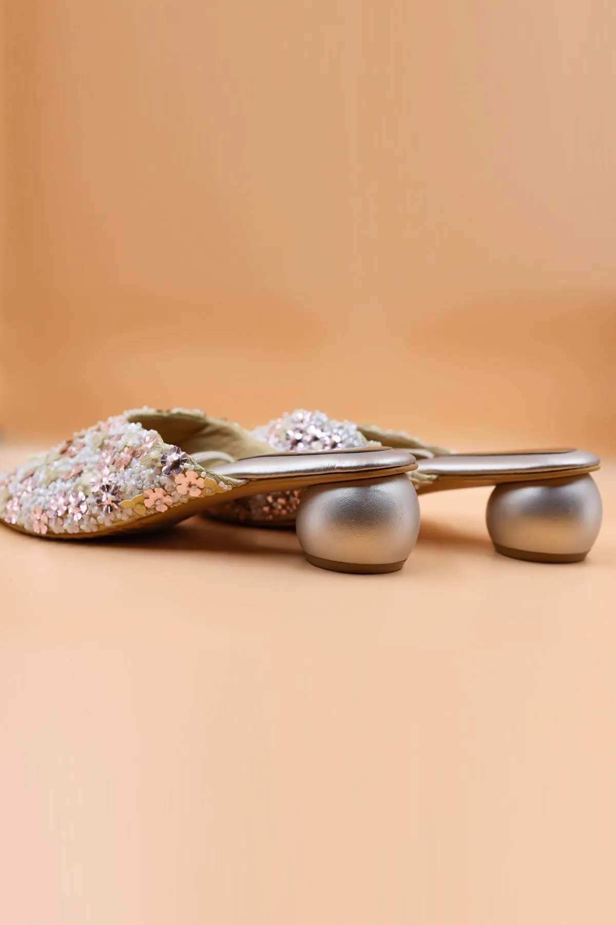 Beige Floral Thread Work Mules