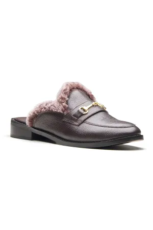 Brown Smooth Leather Fur Mules