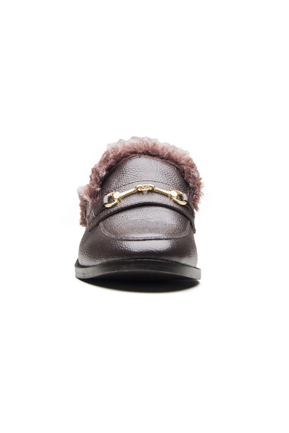 Brown Smooth Leather Fur Mules