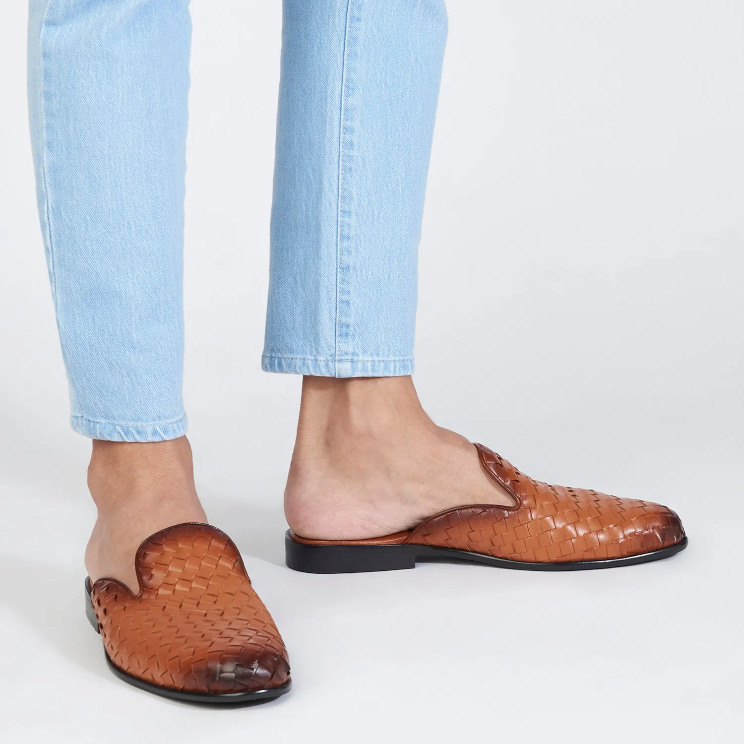 David Tan Weave Mules For Men