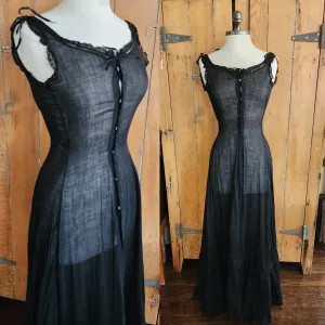 Edwardian Black Slip Dress Button Down Front