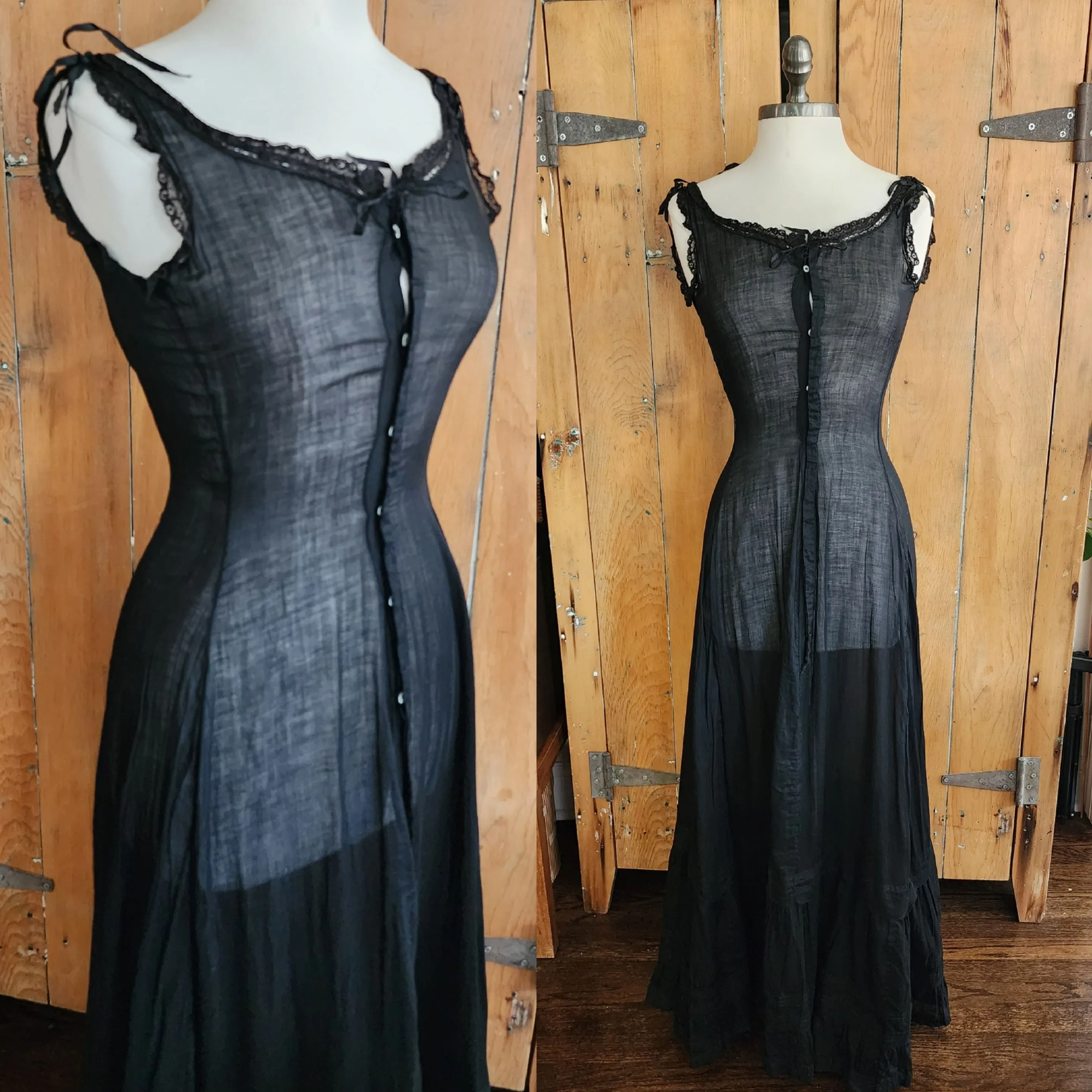 Edwardian Black Slip Dress Button Down Front