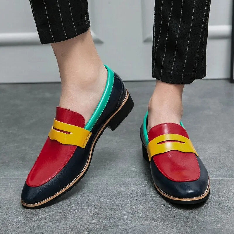 Fashion Blue Yellow Men's Leather Loafers Size 38-48 Pointed Shoes Casual Men Low-heel Designer Shoes Men zapatos cuero hombre