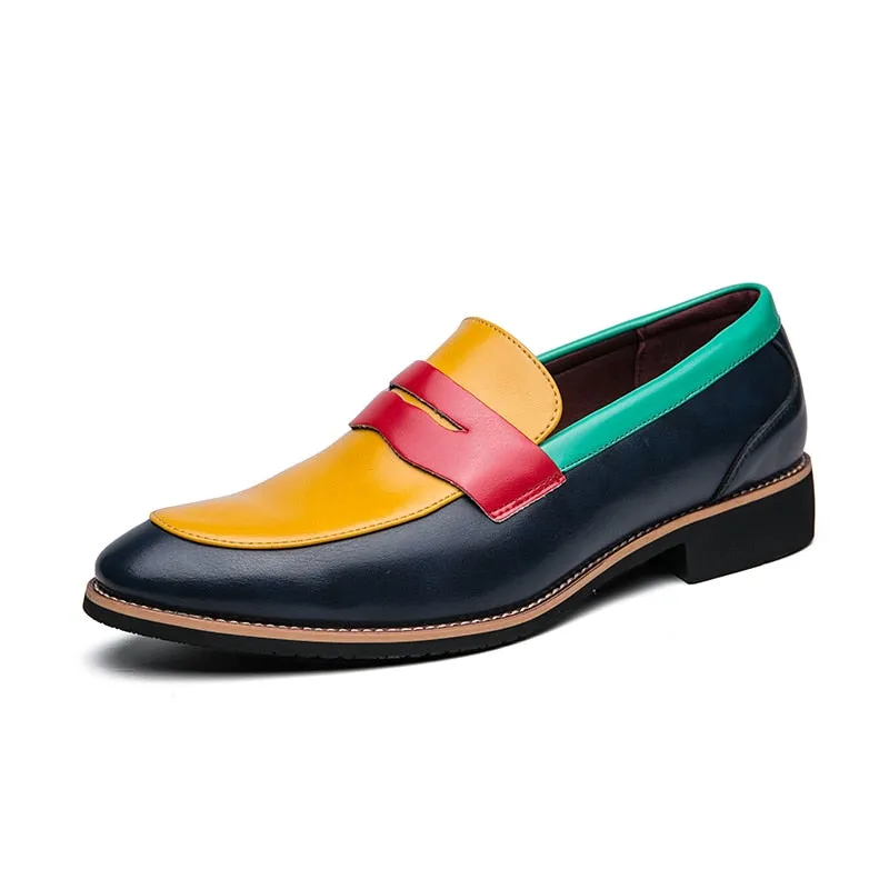 Fashion Blue Yellow Men's Leather Loafers Size 38-48 Pointed Shoes Casual Men Low-heel Designer Shoes Men zapatos cuero hombre