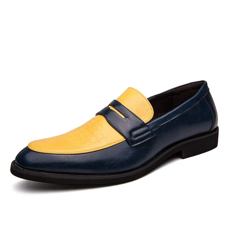 Fashion Blue Yellow Men's Leather Loafers Size 38-48 Pointed Shoes Casual Men Low-heel Designer Shoes Men zapatos cuero hombre