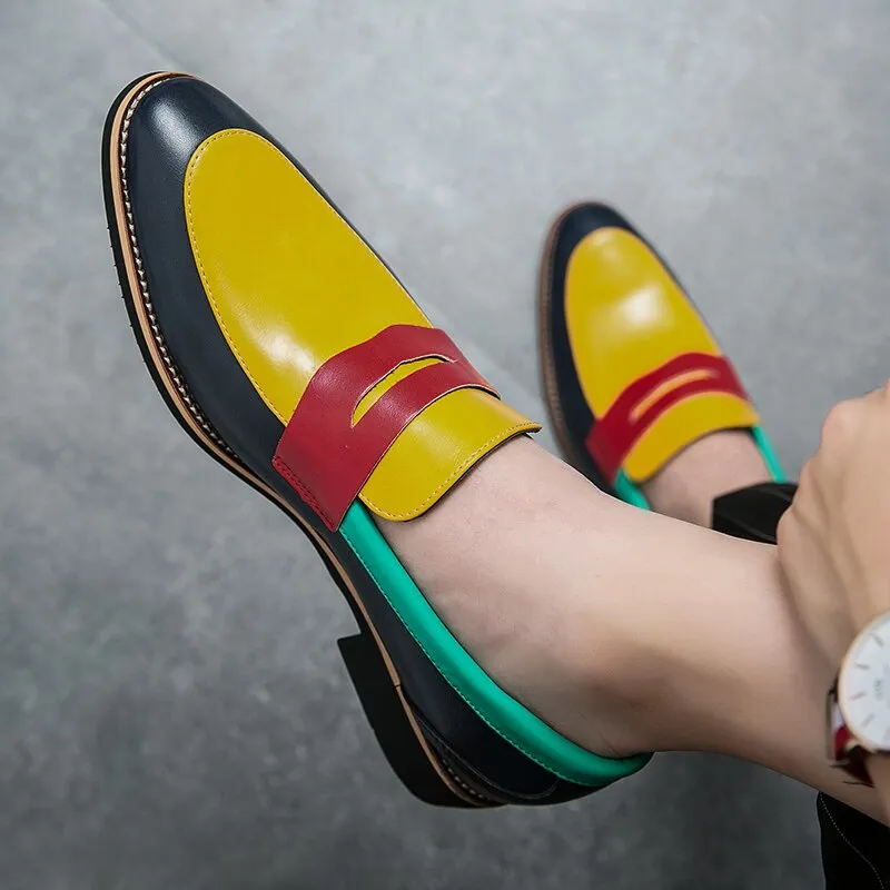 Fashion Blue Yellow Men's Leather Loafers Size 38-48 Pointed Shoes Casual Men Low-heel Designer Shoes Men zapatos cuero hombre