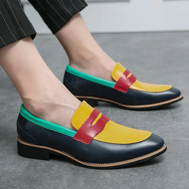 Fashion Blue Yellow Men's Leather Loafers Size 38-48 Pointed Shoes Casual Men Low-heel Designer Shoes Men zapatos cuero hombre