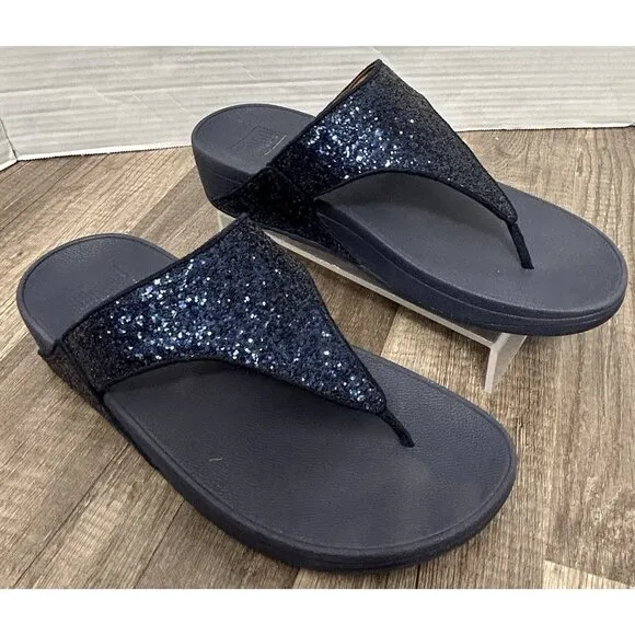 FitFlop Shimma Glitter Toe-Post Thong Sandal Navy Blue Womens Size 10 Lulu Glitz