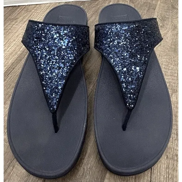 FitFlop Shimma Glitter Toe-Post Thong Sandal Navy Blue Womens Size 10 Lulu Glitz