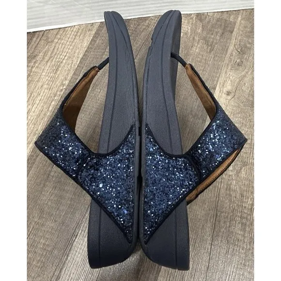 FitFlop Shimma Glitter Toe-Post Thong Sandal Navy Blue Womens Size 10 Lulu Glitz