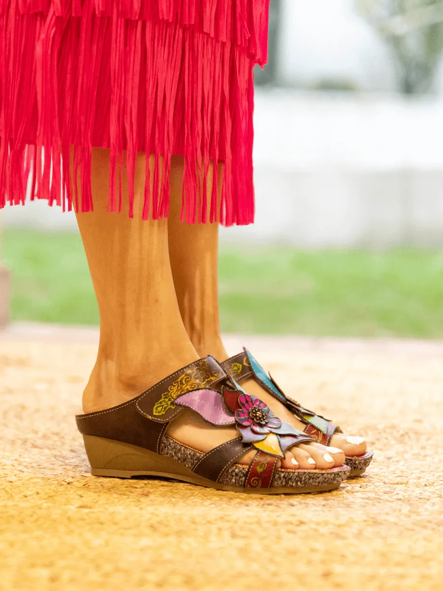 Flor De Paraiso Leather Wedge Sandal - Brown