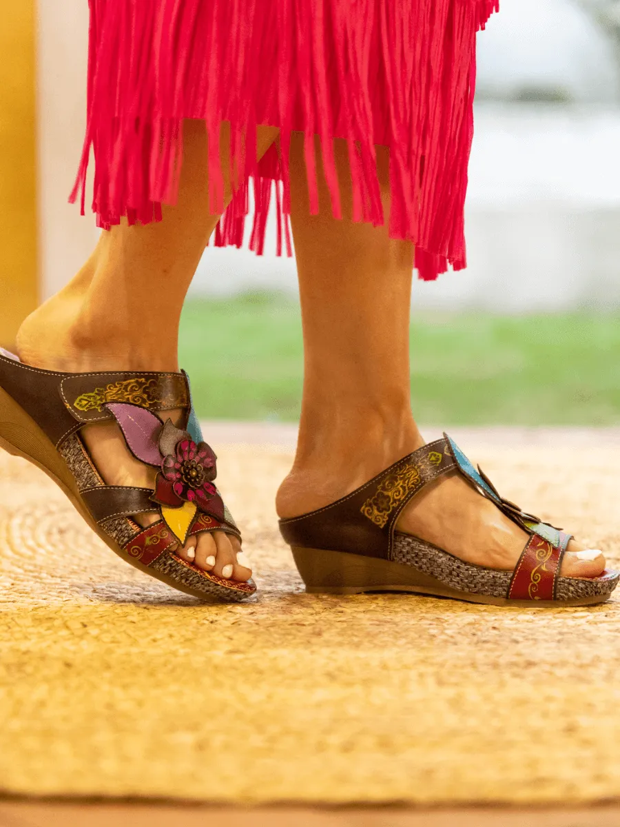 Flor De Paraiso Leather Wedge Sandal - Brown
