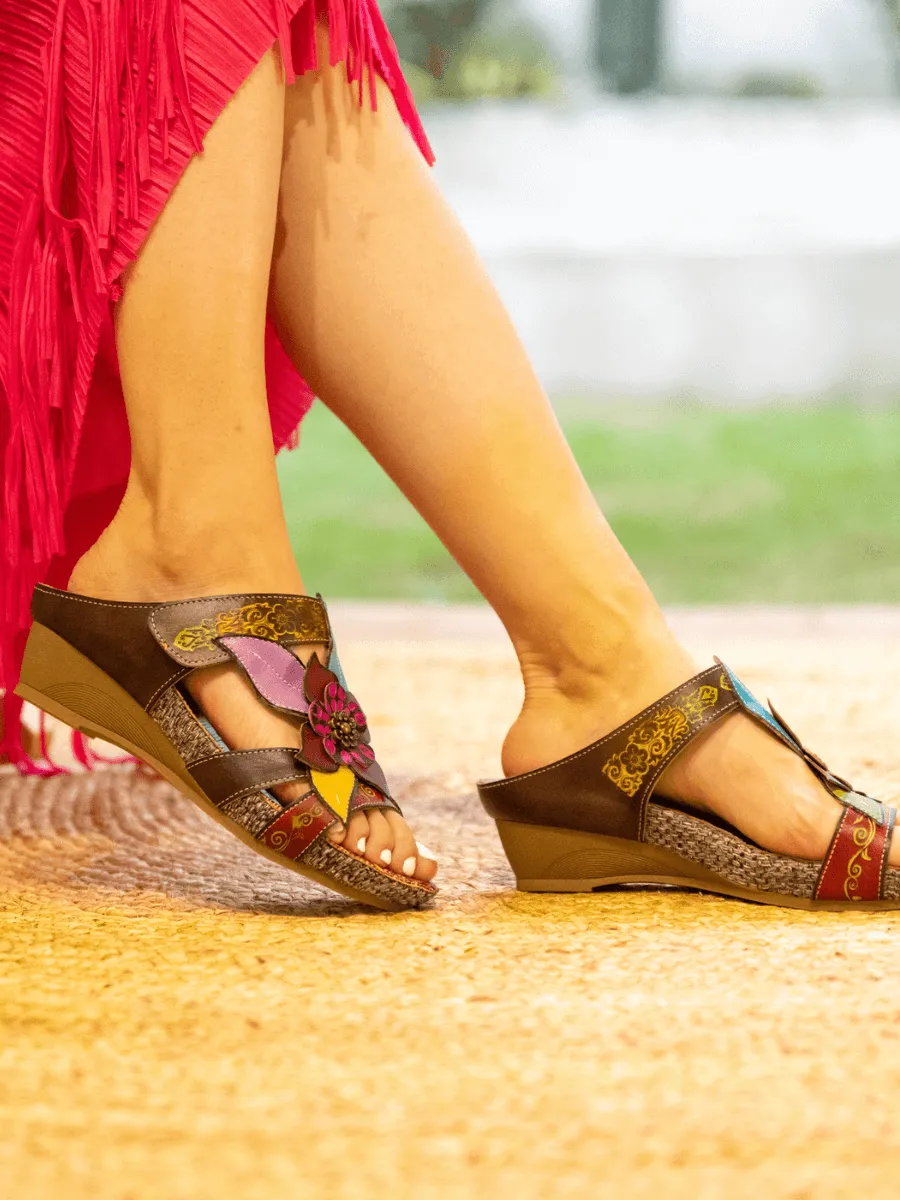 Flor De Paraiso Leather Wedge Sandal - Brown