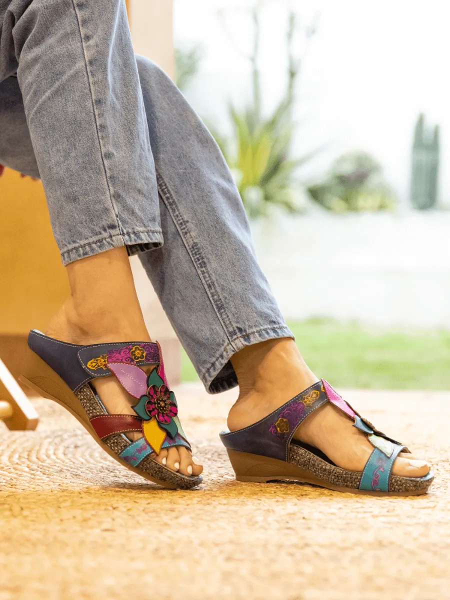 Flor De Paraiso Leather Wedge Sandal - Navy
