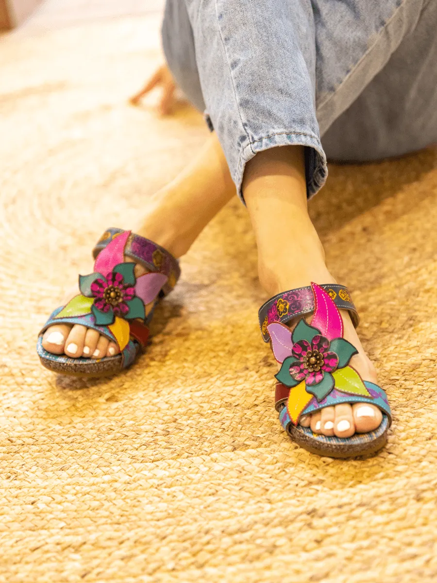 Flor De Paraiso Leather Wedge Sandal - Navy