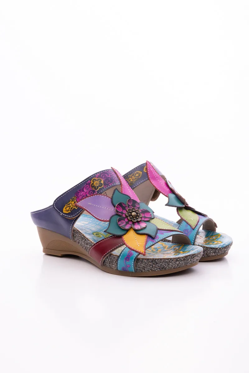 Flor De Paraiso Leather Wedge Sandal - Navy