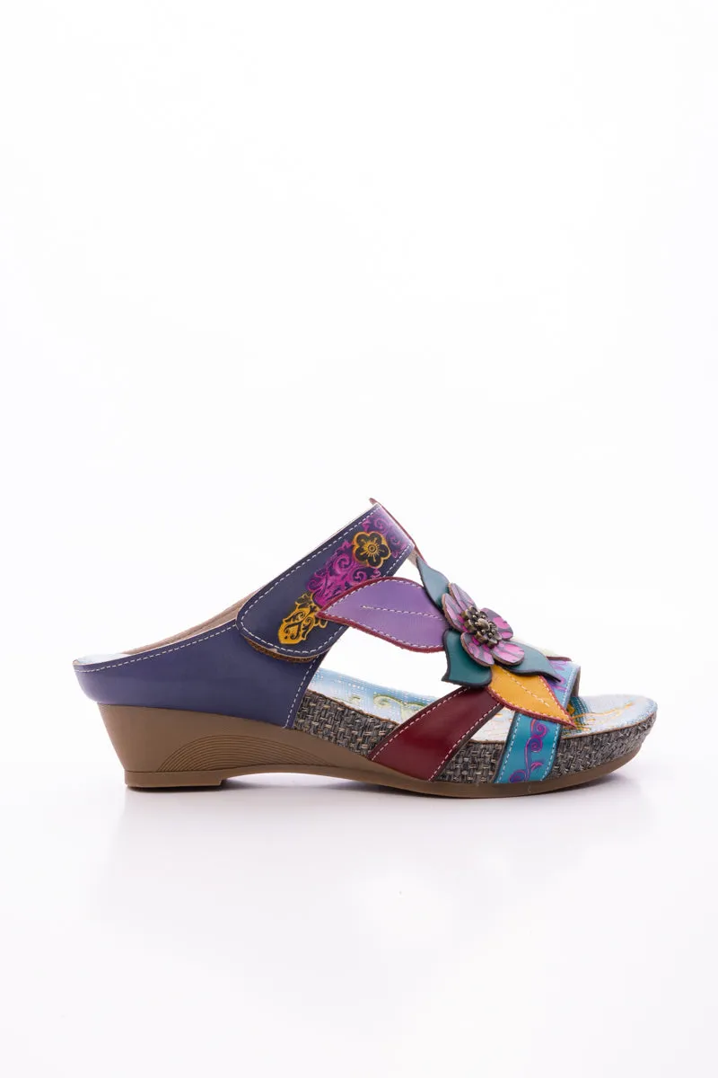 Flor De Paraiso Leather Wedge Sandal - Navy