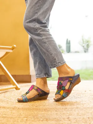 Flor De Paraiso Leather Wedge Sandal - Navy