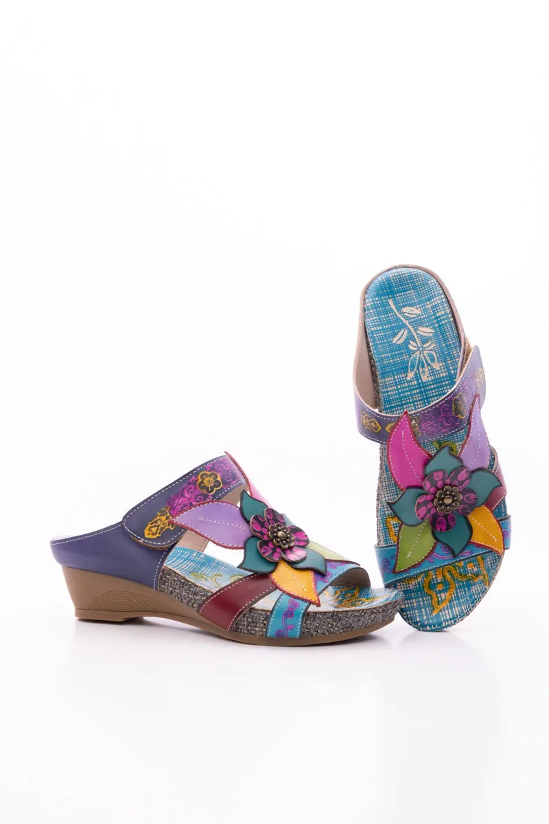 Flor De Paraiso Leather Wedge Sandal - Navy