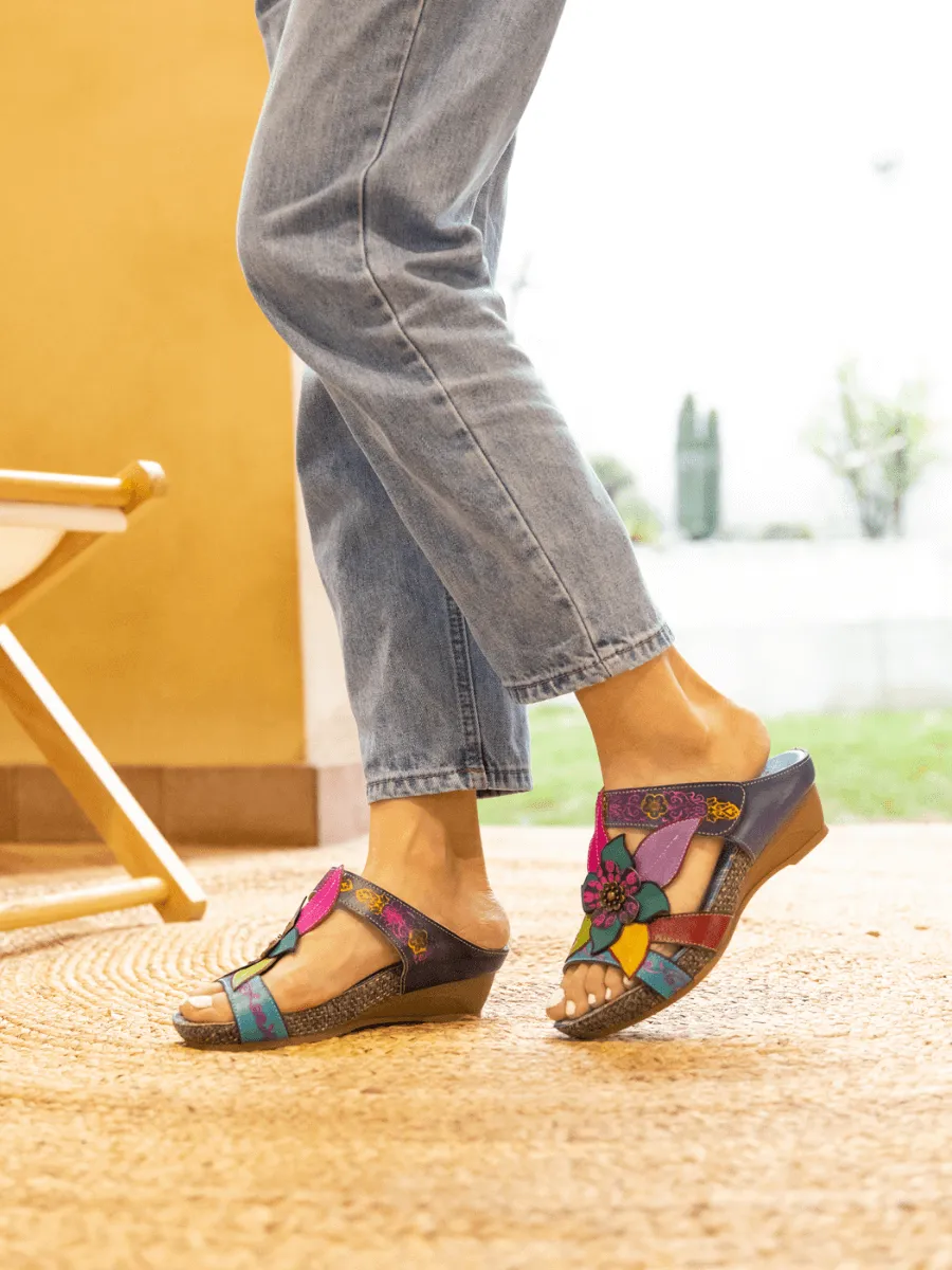 Flor De Paraiso Leather Wedge Sandal - Navy